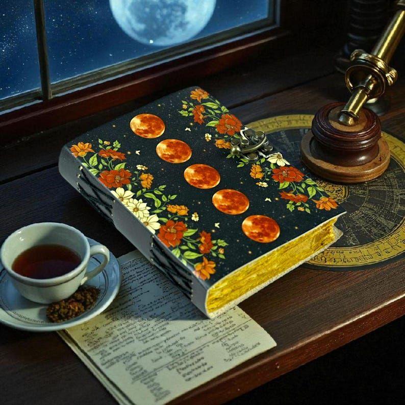 Large Leather Grimoire Journal: Moon Print Spell Book, Blank Book of Shadows