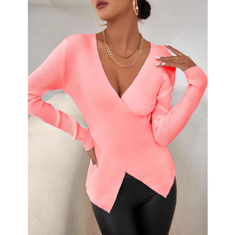 Damen Pullover, modisch, schlank, lässig, einfarbig, langärmelig, V-Ausschnitt, Wickeloptik, gerippter Strickpullover