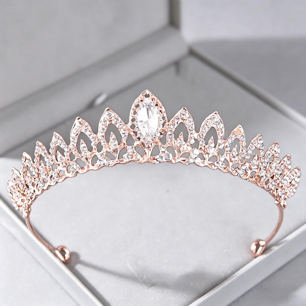 Rose Gold Crystal Bridal Tiaras and Crowns for Women Bride Rhinestone Prom Diadem Headband Bridal Wedding Hair Accessories Crown
