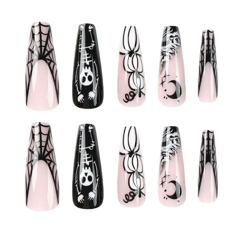 1 Sheet Coffin Press on Nails French Fake Nails Tips Full Cover Acrylic Nails Glossy Horrible Halloween False Nails