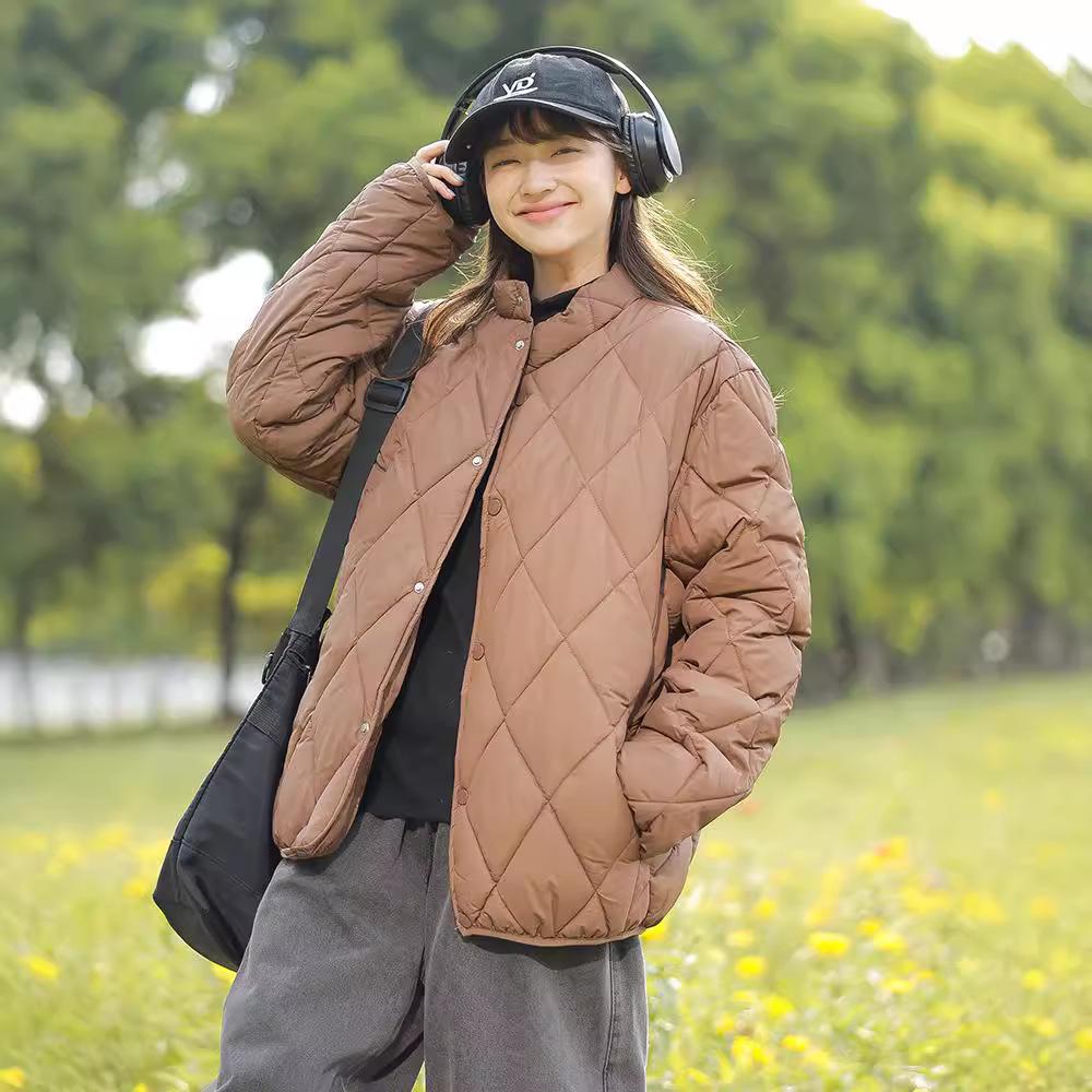 Simple diamond lattice collar warm cotton jacket women's short light and loose 2025 winter new Korean version of down cotton jacket