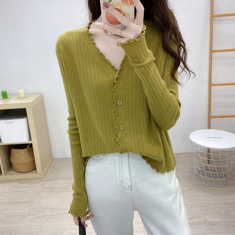 V-neck knitted cardigan solid color versatile small coat sweater spring trend women's early autumn new fungus edge