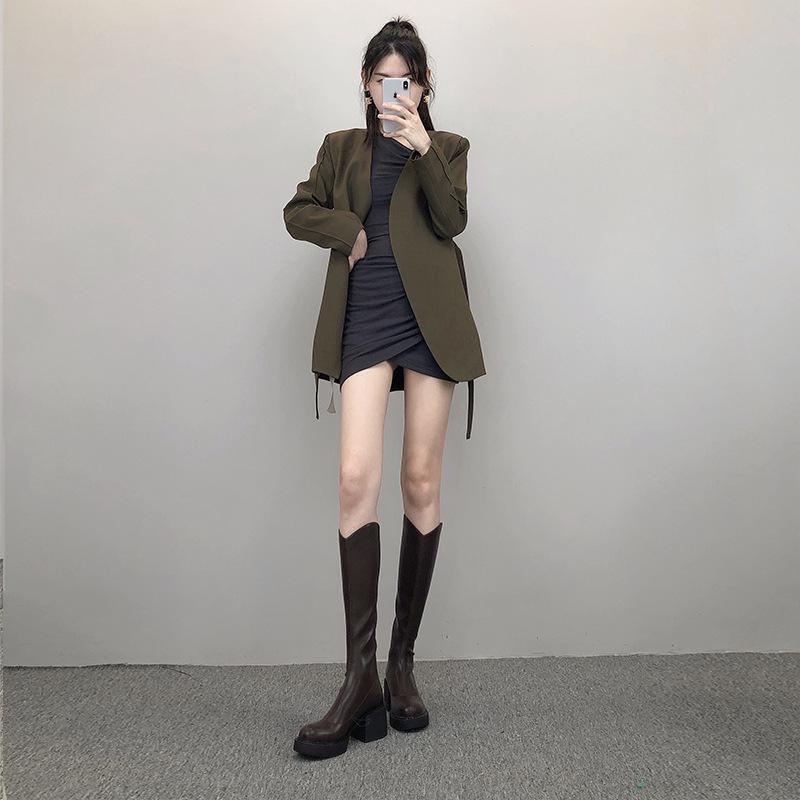 Brown thick heel tall boots female spring and autumn thin but knee long boots high heel thick sole