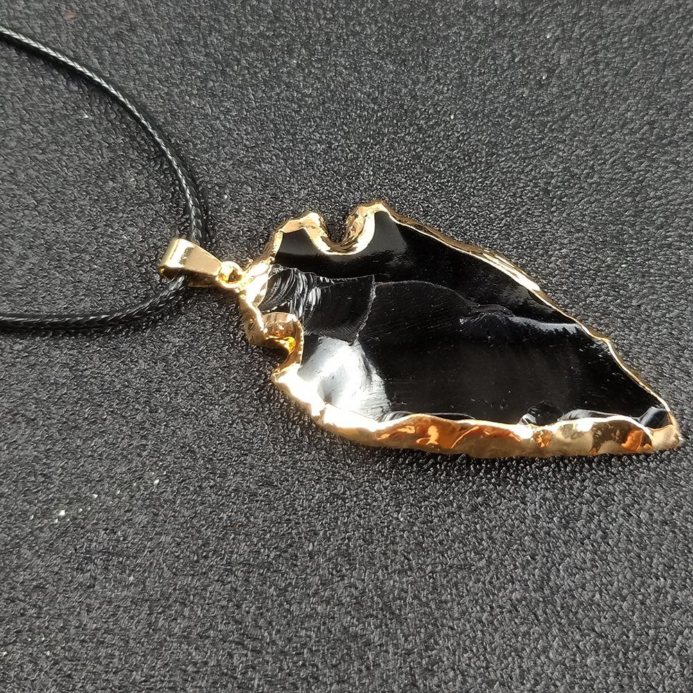 Natural Black Obsidian Arrow Shaped Crystals Pendant Golden Edge Plated Raw Healing Crystal Irregular Arrow Head Amulet Necklace