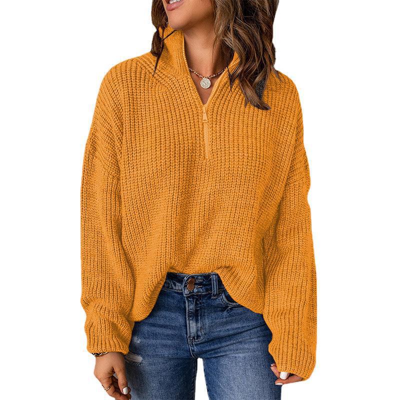 Plus Size Women's Half Open Collar Long Sleeve Women's New Autumn Solid Color Loose Turtleneck Pit Pullover Sweater