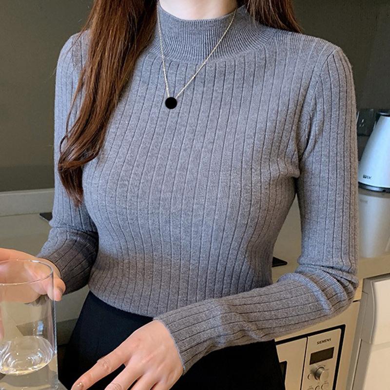Autumn Winter Mock Neck Women Sweater Vintage Basic Solid Knitted Tops Casual Slim Pullover Korean Sweaters Simple Chic Jumpers