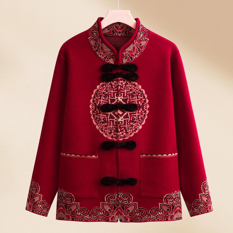 Women Knitted Tops Mothers Spring and Autumn Clothes Red Sweater New Year Clothes Early Spring New Style New Year Greetings Clothes