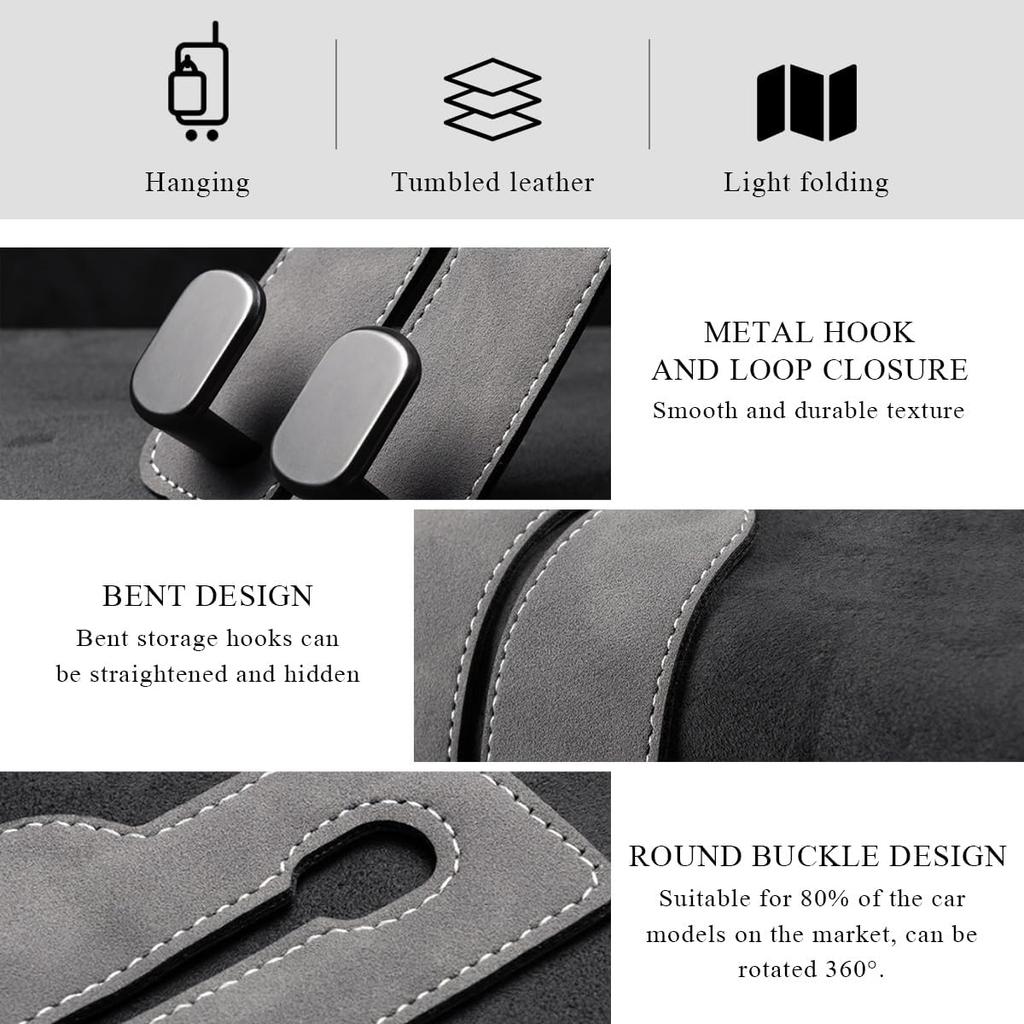 2 PCS Car Seat Headrest Hook, Back Seat Hanger with Double Flexible Leather Hooks, Soft Leather Double Headrest Metal Hooks Purse Handbag Organizer,