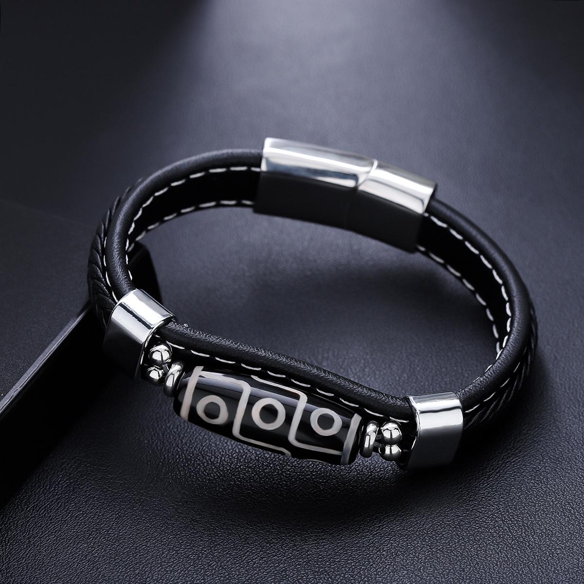 

Tibetan Nine-eyed Leather Woven Titanium Steel Dzi Bracelet Men s Transfer Bead Gift Bracelet 19cm