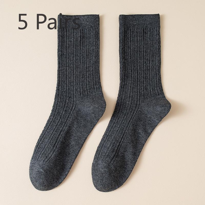 5 Pairs Boneless White Socks Women's Mid-calf Socks Autumn and Winter Cotton Tide Grey Double Needle Anti-pilling Long Stacked Socks
