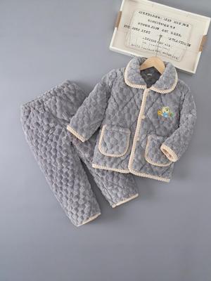 Ensemble de pyjama matelassé trois couches pour enfants Automne/Hiver - Flanelle épaisse en polaire corail