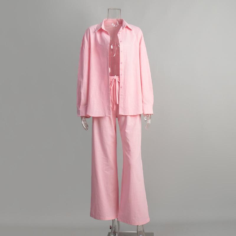 Women Casual Solid Color Cotton Linen Shirt Pants Suits Fashion Single Breasted Blouses Elastic Waist Pants Set Spring Loose Outfits
