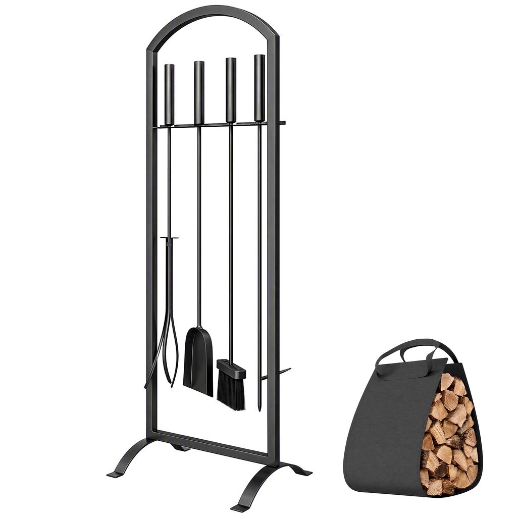 Fireplace Set, 6-Piece, Log Bag, Brush, Shovel, Poker, Tongs, Stand, 30 x 22 x 86 cm, Black