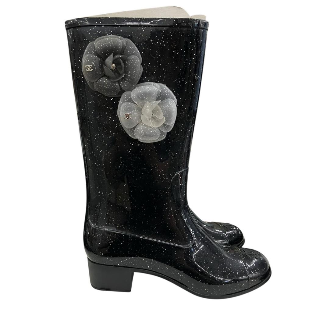 Used 186005 Current condition CHANEL CHANEL Storage bag included Rain boots CHANEL 36 23cm black lame enamel ladies