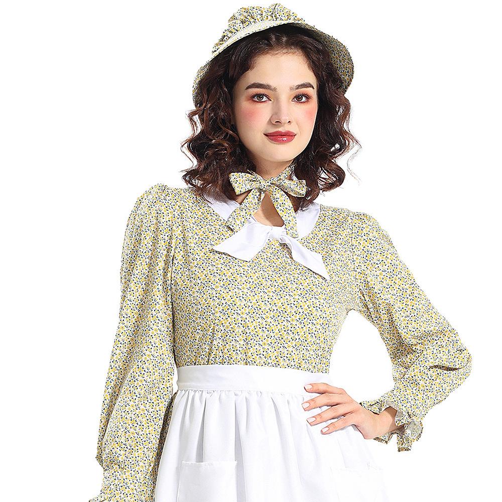 Prairie Colony Geel Bloemig Pionierskostuum Jurk met Schort voor Halloween