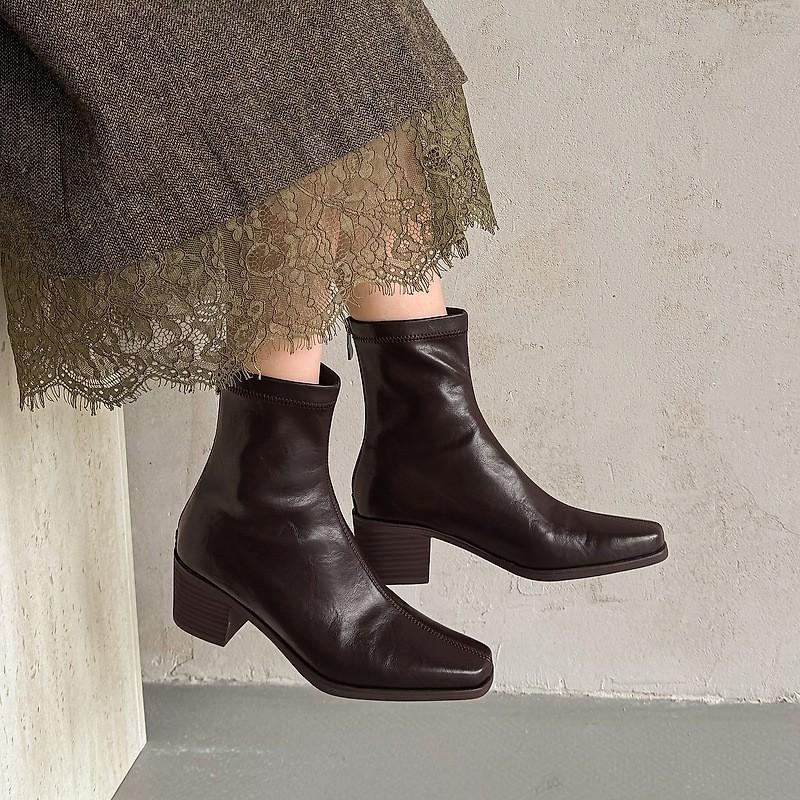 5.5cm Chunky Heel Ankle Boots Women Square Toe Back Zip Stretch Slim Fit Fall Winter