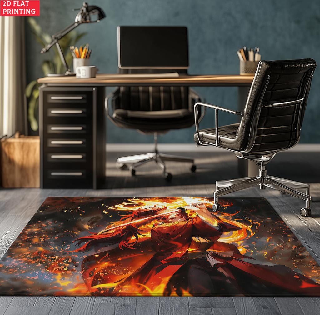 Anime Swordsman Area Rug, Blue Water Wave Theme  Floor Mat, Decorative Carpet for Gaming Room Bedroom, Washable Home Decor Gift