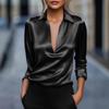2026 New Casual Deep V Neck Long Sleeve Office Blouse Women's Wrap Loose Sexy Shirt Elegant Solid Color Lady Simple Shiny Top Clothes