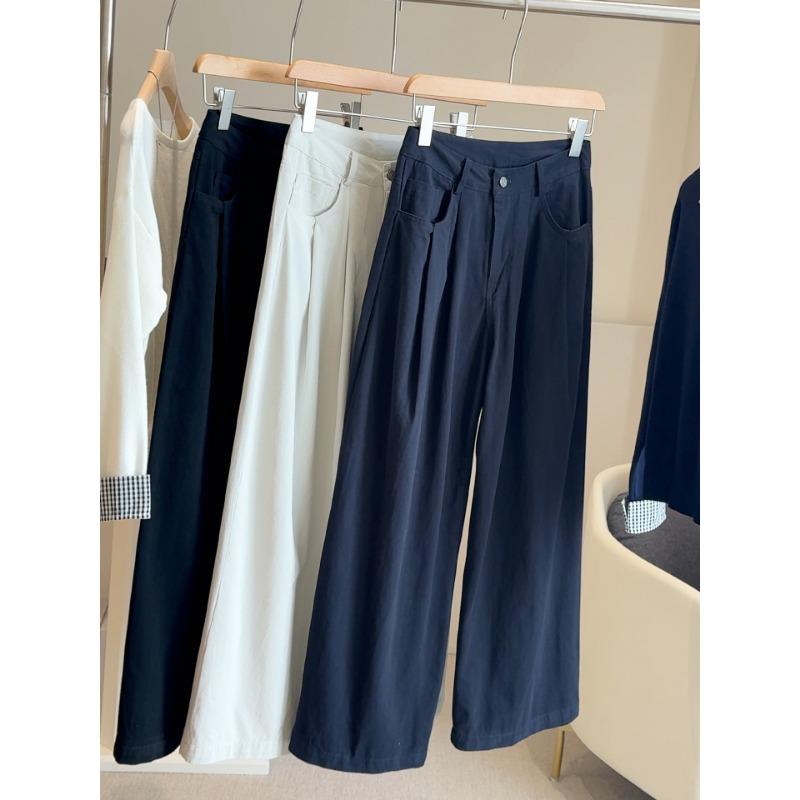 

Spring and autumn new thin wide-leg casual pants women s high waist loose and thin drape breathable straight trousers L темно-синий