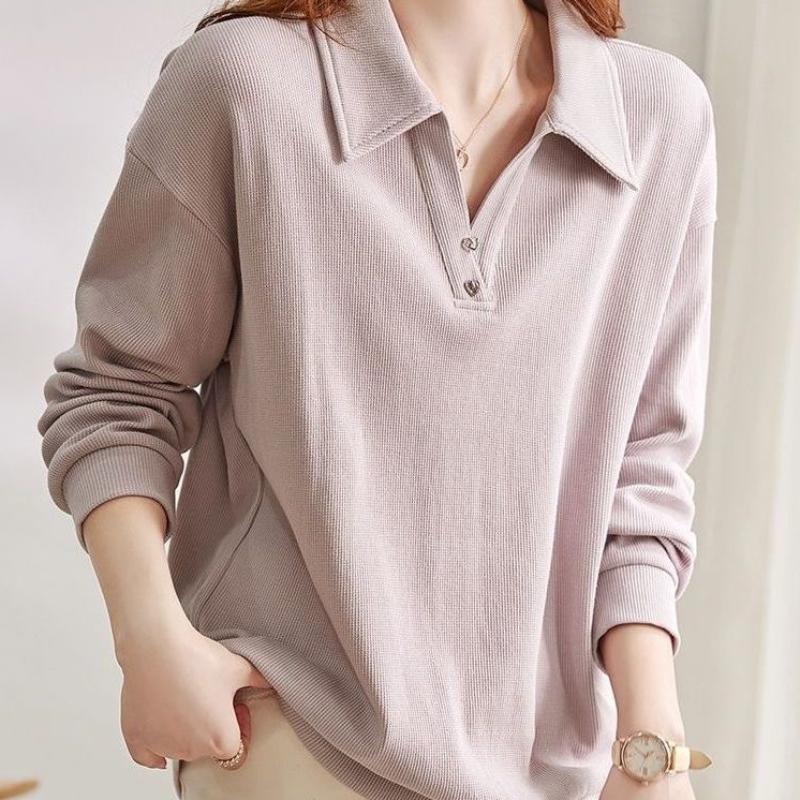 Cotton Collar Loose Long Sleeved Sweatshirt for Women In Spring and Autumn POLO Collar Design for Women's Clothing