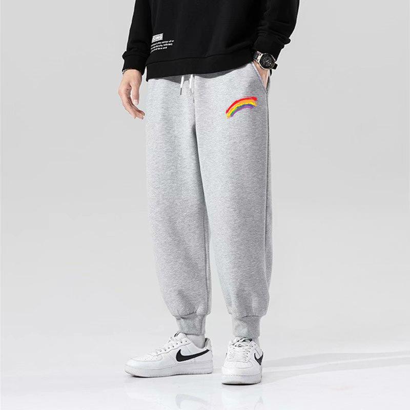 Casual sweatpants men's autumn and winter new large size tied feet thickened trendy printed velvet pants