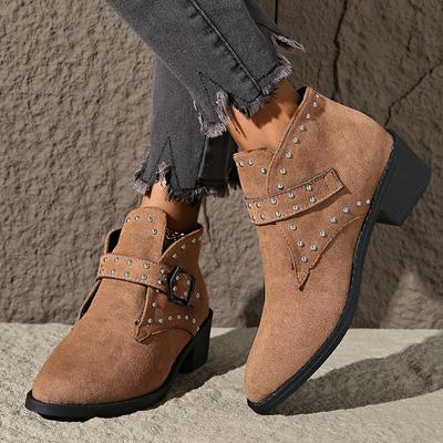 Retro Rivets Pointed Toe Western Boots Women Fashion Buckle Thick Heel Ankle Boots Woman Plus Size Faux Suede Cowboy Botas Mujer
