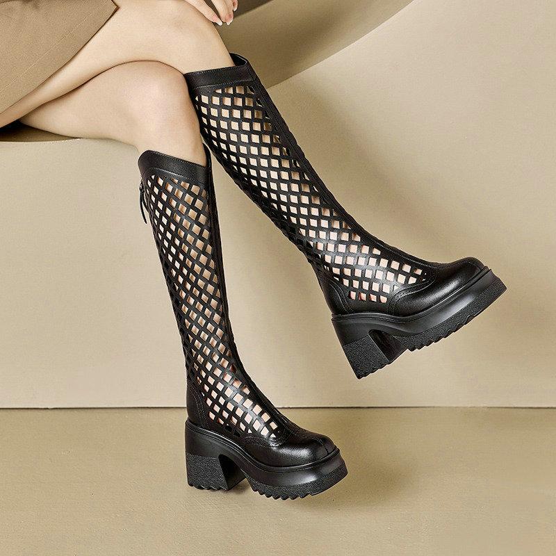 Fashion 2025 Spring And Summer New Leather Perforated Cold Boots Platform Small Height Breathable Summer Boots Thigh-High Boots