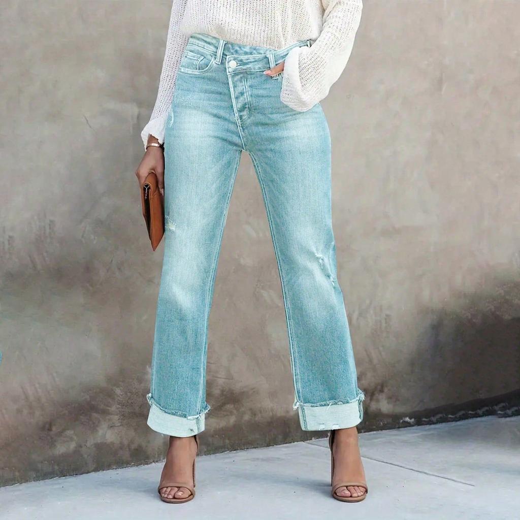 Ladies' Solid Color Casual Versatile Mid Waist Straight Leg Denim Straight Leg Jeans With Fringed Edges