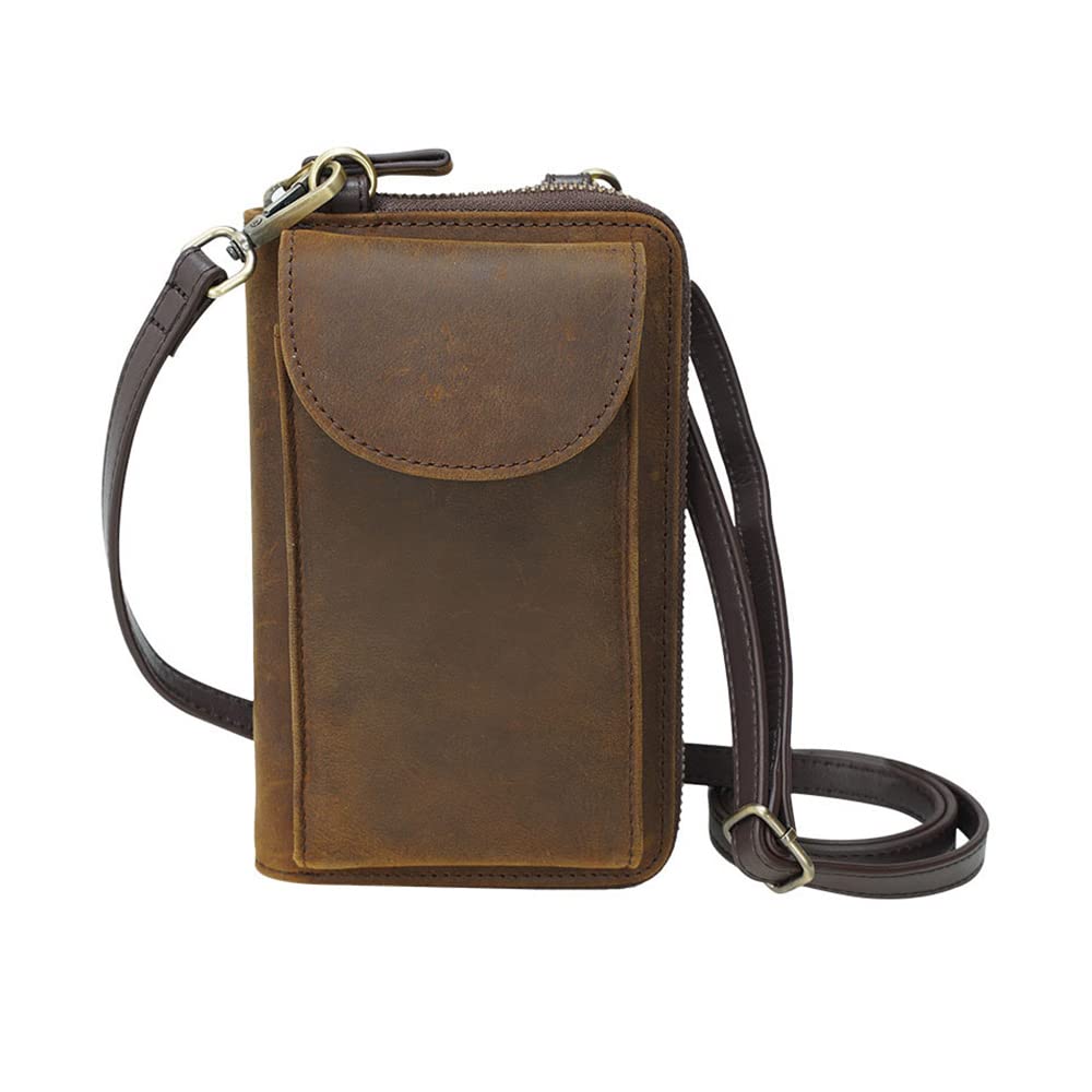 Whatna Antique-Tanned Natural Cowhide Leather Mini Shoulder Bag for Men and Women, PochettePurse, Mini Body Bag, Long Wallet, RFID-Proof, YKK Zipper,