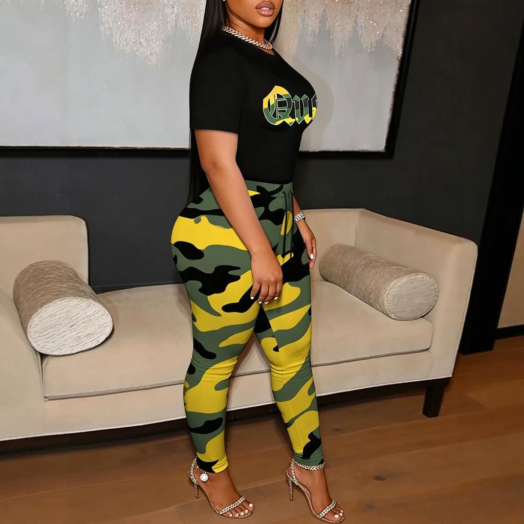 D8111 European and American Hot-selling Women's Clothing, Sexy Fashion Camouflage Printing Crew Neck Short-sleeved Trousers Two-piece Set