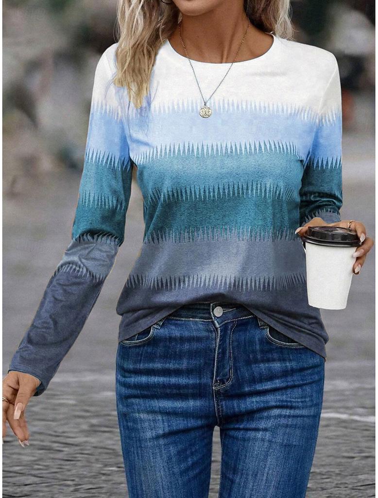 Moda Kadın Sweatshirt 3D Baskılar Renk Bloklu Grafikler y2k uzun kollu Tişört Günlük Bol Kesim O-Yaka Tişört Uzun Kollu Üstler