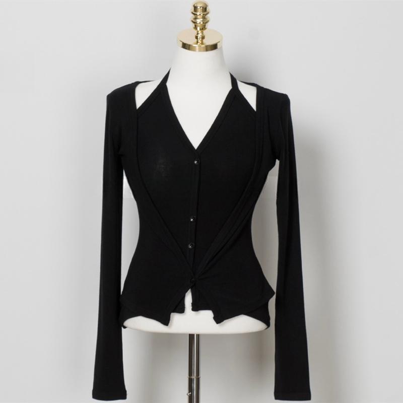 Korean Style Strappy Halter V-Neck Two-Piece Cardigan & T-Shirt Set for Women