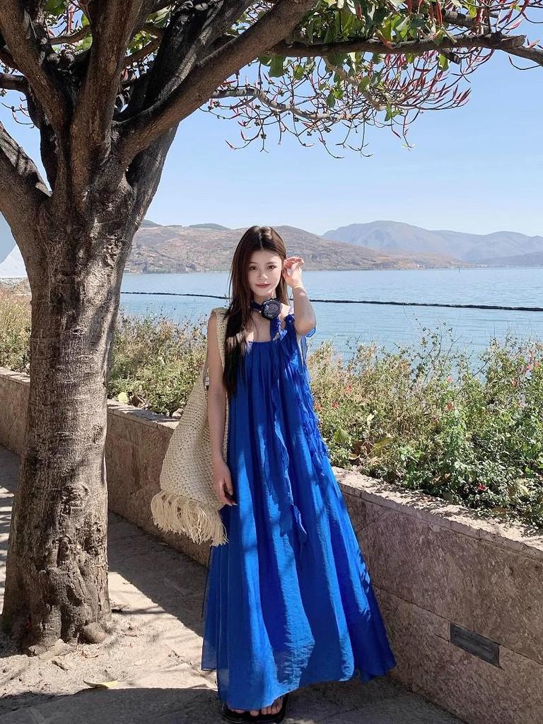 Erhai Blue Resort Backless Spaghetti Strap Long Dress