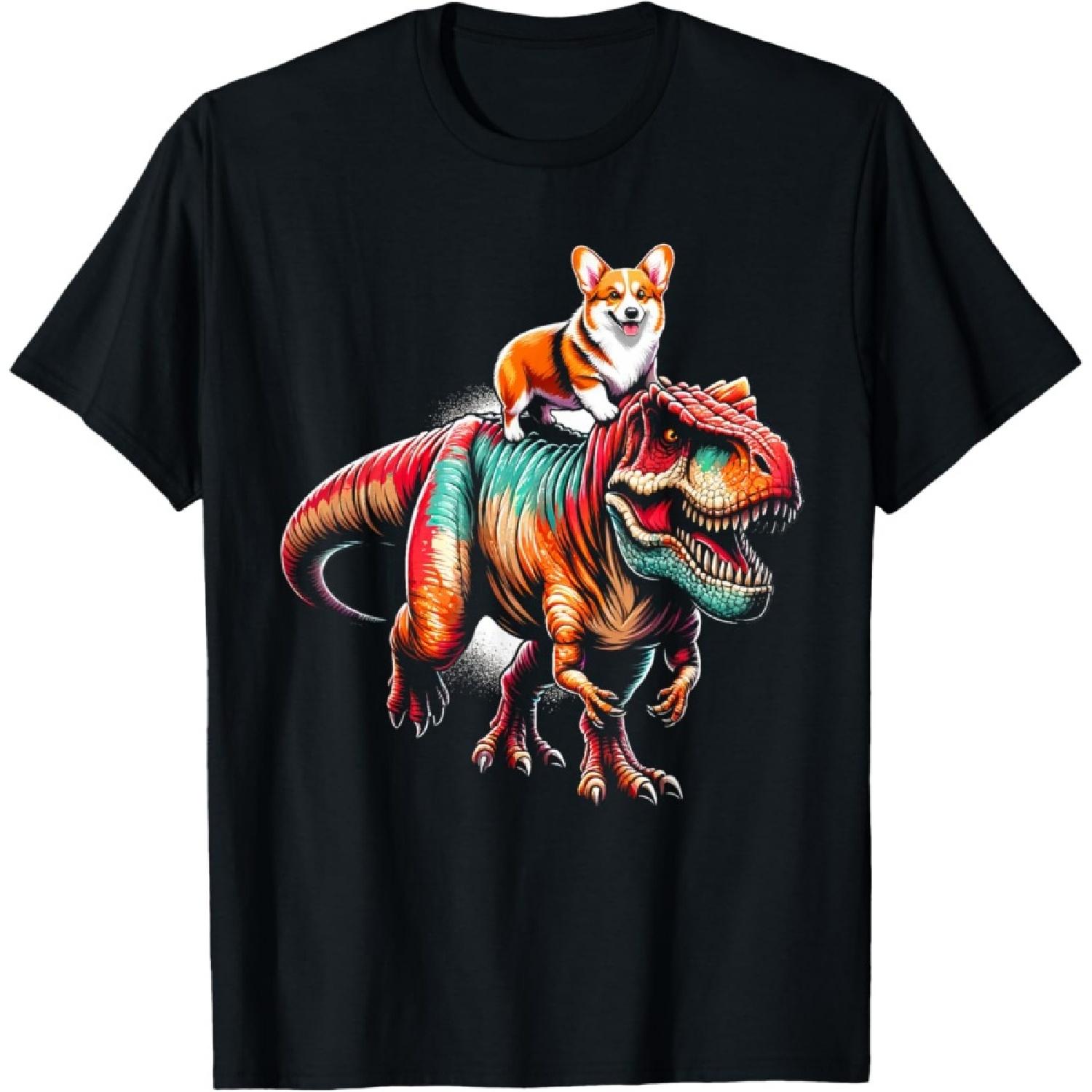 Corgi Riding Dinosaur T Rex Boys T-Shirt S