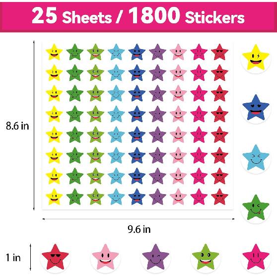 1800Pcs Star Stickers, 1 Inch Happy Smile Face Stickers Colorful Mini Incentive Reward Sticker Round Behavior Chart Sticker for Shcool Classroom