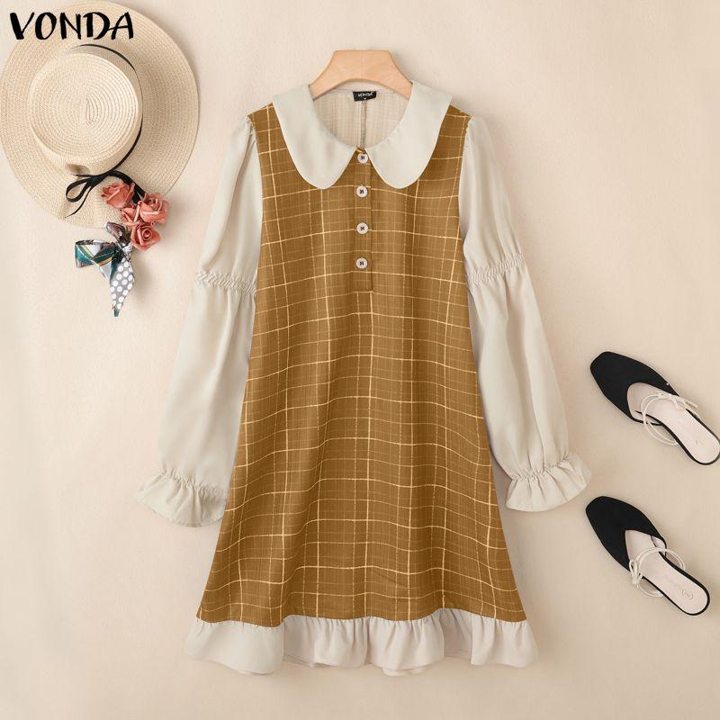 VONDA Women Lapel Neck Casual Long Sleeve Retro Plaid Patchwork Ruffled Shirts Dress
