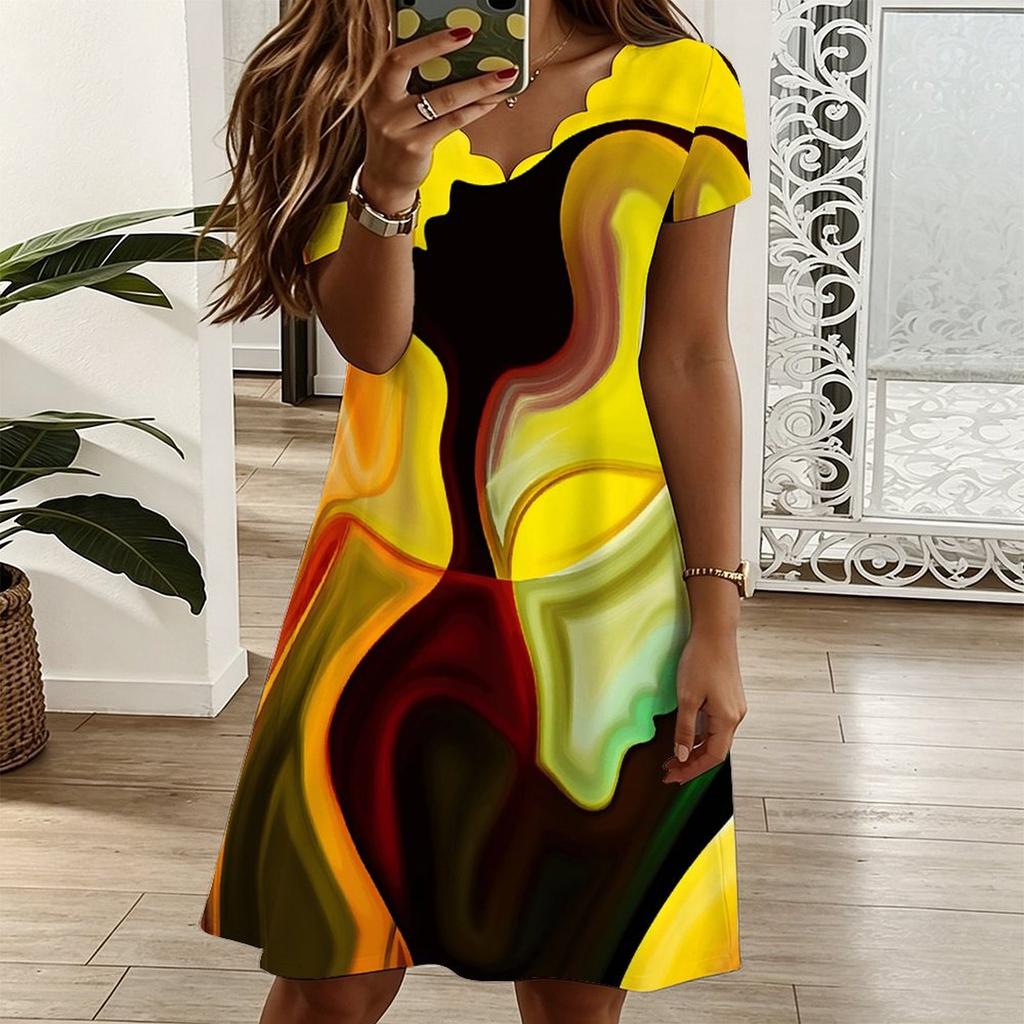 Ladies V Neck Elegant Lotus Floral Printed Plus Size Summer Short Sleeve Gown