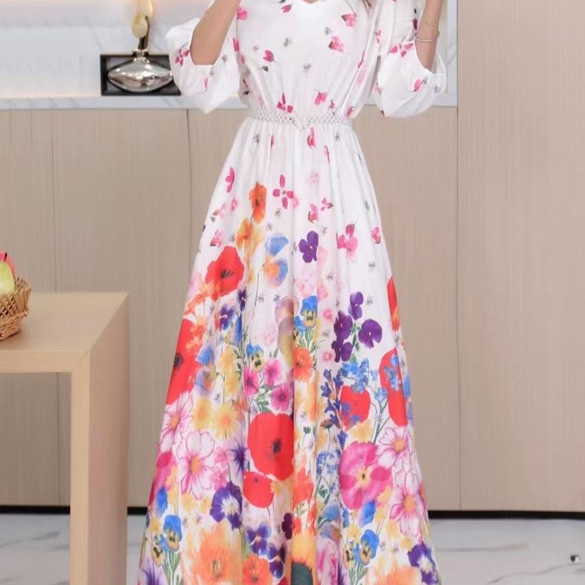 

Женское платье с принтом, рукав-фонарик, эластичная резинка на талии, элегантные платья А-силуэта, летние ретро-платья для женщин One Size