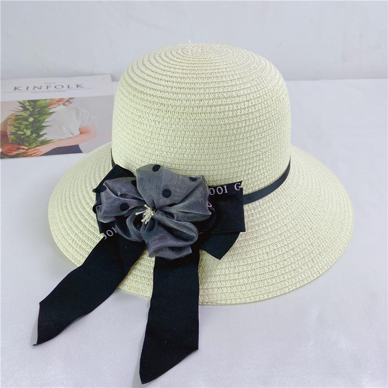 Bucket hat trendy breathable sun protection sun bow hat women's summer big brim straw hat shade beach hat