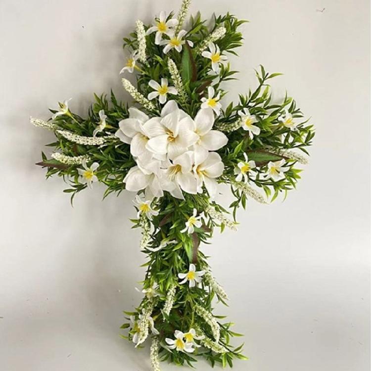 Easter Wreath Cross Door Sign Christian Floral Easter Decor for Front Door Porch