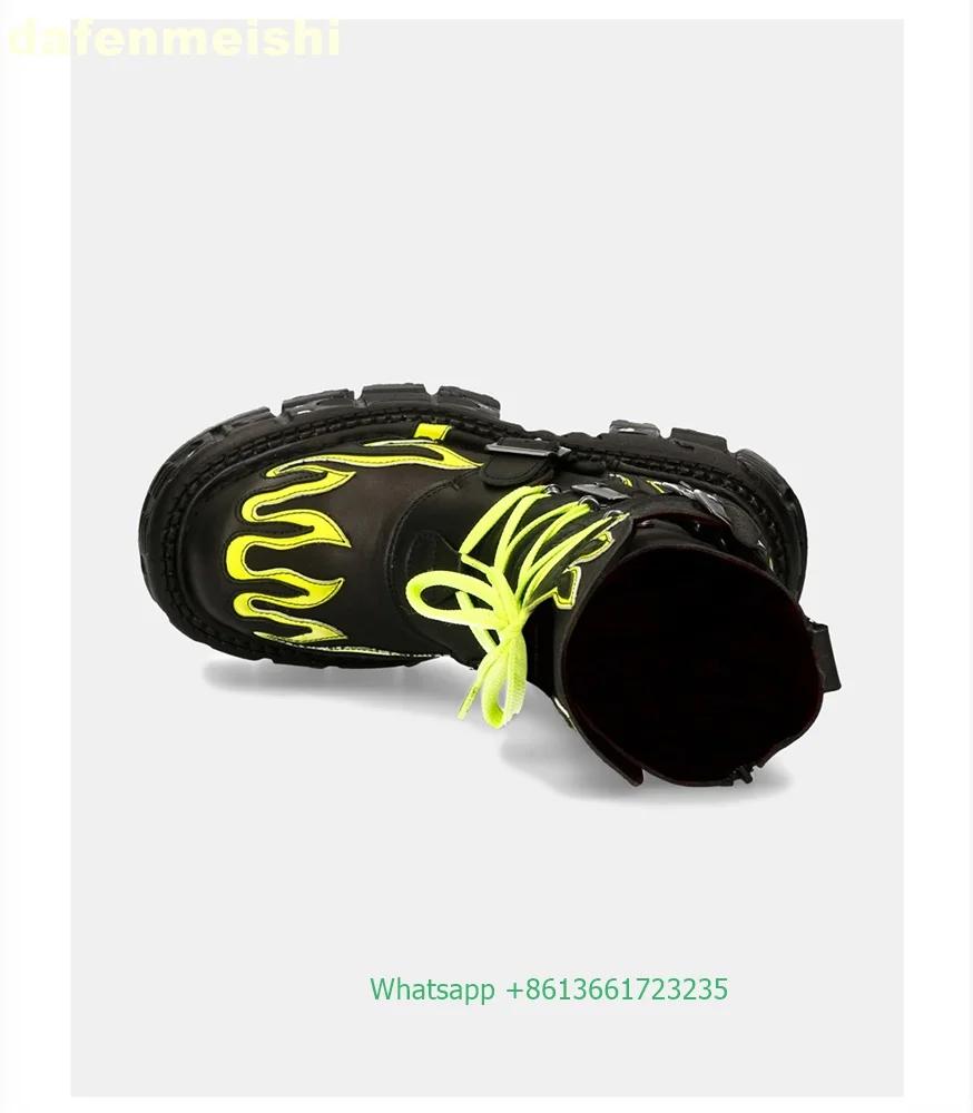 Retro Dark Style Punk Motorcycle Boots Flame Thick-Soled Boots Men/women Rock Boots Lace Up Belt Buckle Mid-Calf Boots