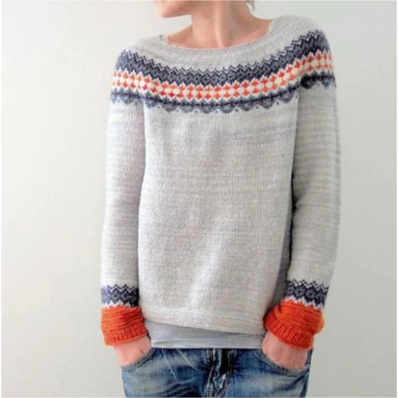 Women's Loose Pullover Knit Sweater Long Sleeve Round Neck Color Blocking Sweater