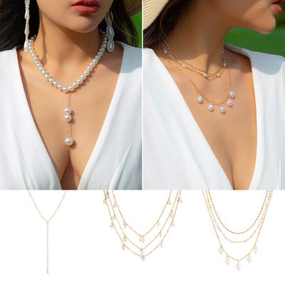 Simple Handmade Y-shaped Portrait Necklace, Temperament Special-shaped Imitation Pearl Tassel Necklace Multi-layer