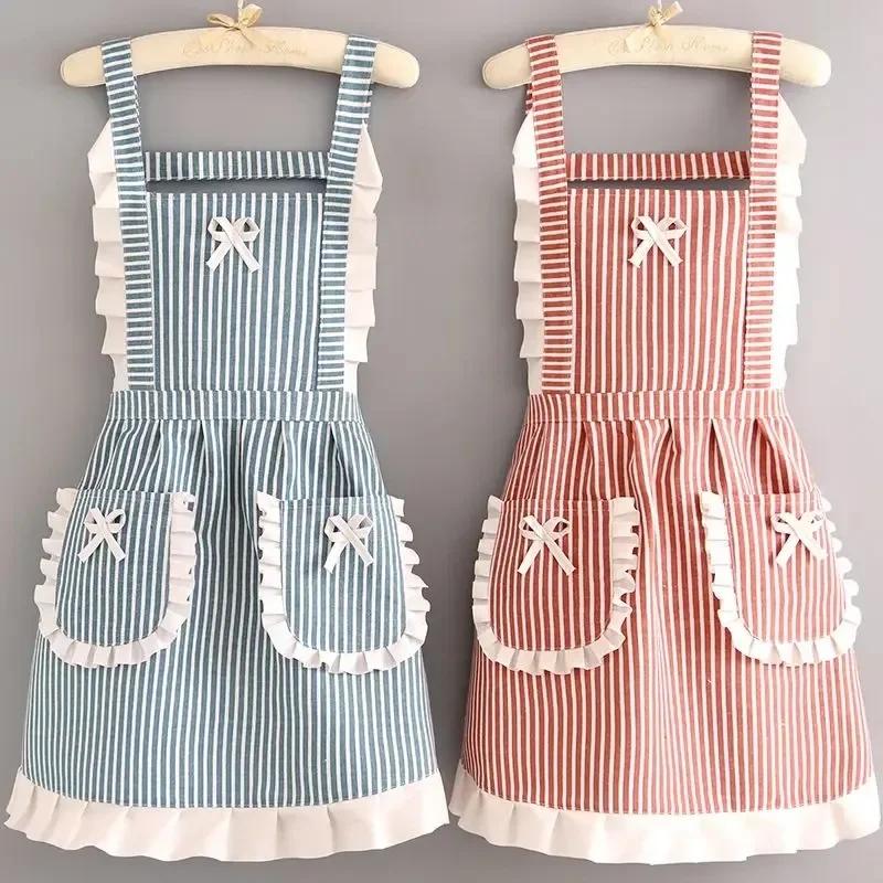 Korean Version Cotton and Linen Apron for Women Cute Kitchen Home Cooking Breathable Apron Fashionable Work Clothes Chef Apron