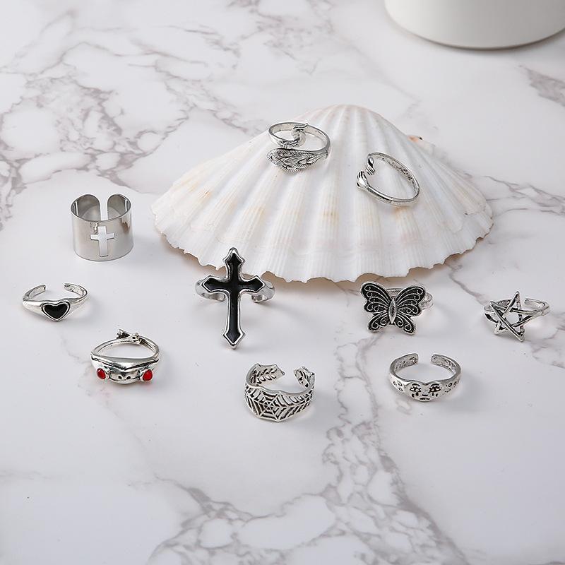 New Exaggerated Oil Cross Frog Peacock Butterfly Crying Face Ring 10-piece Set
