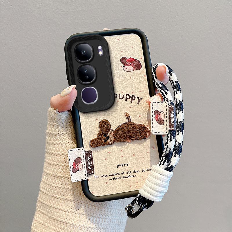 KEYSION Cartoon Cute Plush Embroidery Case for VIVO V40 Lite with Lanyard PU Leather Shockproof Phone Cover for VIVO Y200 5G Y19S