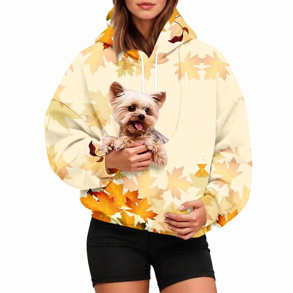 Women's Fashion Hooded Sweatshirt with Leaves Print and Pet Pocket for Casual Wear