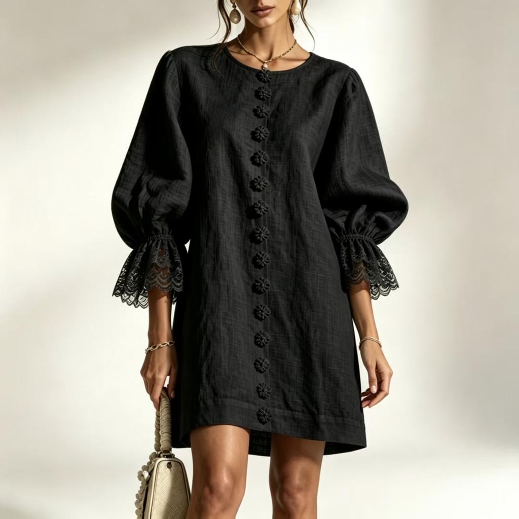 Women's Puff Sleeve Lace Trim Casual Straight Skirt for Everyday Wear