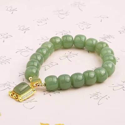 Chinese Style Retro Imitation Jade Beaded Bracelet Square Rhinestone Pendant Bangle For Women Light Luxury Jewelry Gift