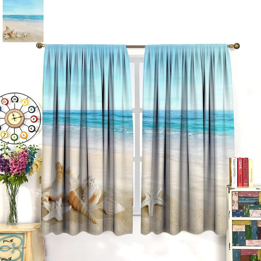 Ocean Curtains Hot Summer Beach Seaside Scenery Starfish Shells Nautical Sea Life Print Window Treatments Drapes Curtain Polyester With Rod Pocket